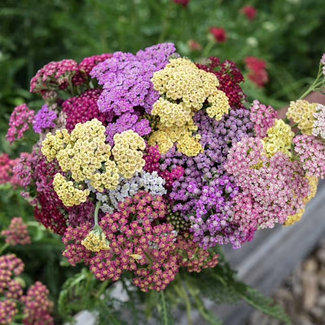 A bouquet of Flowerburst Fruitbowl yarrow featuring flat-topped flower clusters in shades of cream, yellow, pink, purple, and red.
